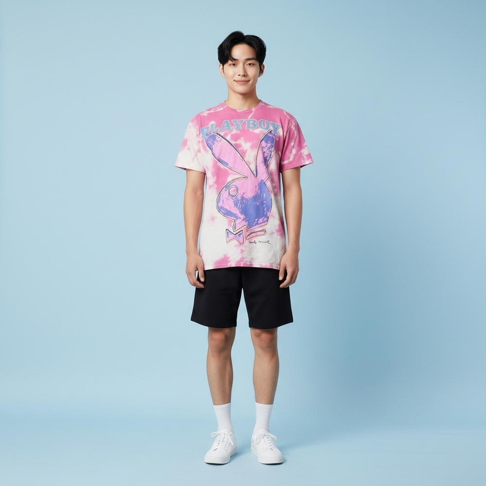 Vintage Unisex Playboy Pink White Tie-Dye Short Sleeve Tee L